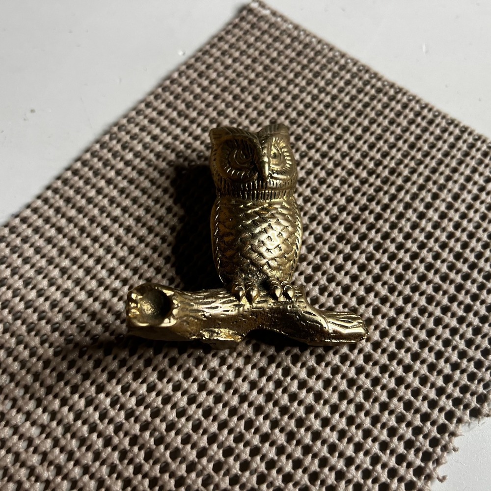 Vintage Solid Brass Owl Figurine on Branch Miniature Bird Sculpture Gold Tone